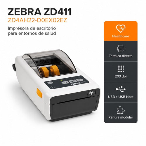 Impresora sanitaria Zebra ZD411 Healthcare ZD4AH22-D0EX02EZ térmica directa de 203 ppp con USB Host y ranura modular
