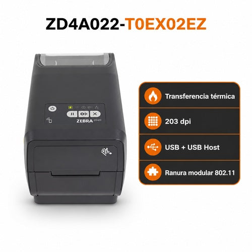Impresora Zebra ZD411T ZD4A022-T0EX02EZ de transferencia térmica y 203 ppp con USB Host y ranura modular 802.11