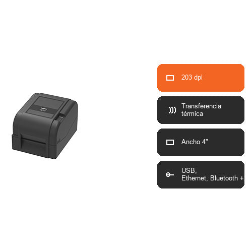 Características de la impresora de etiquetas Brother TD-4420TN TD4420TNZ1: 203 dpi, Transferencia térmica, Ancho 4", USB, Ethernet, Bluetooth +2