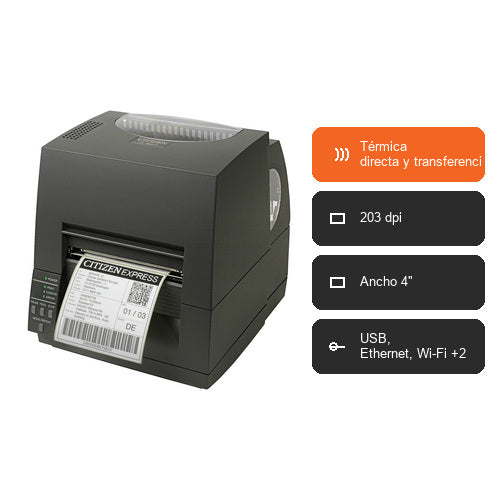 Características de la impresora de etiquetas Citizen CL-S621II CLS621IINEBXX: Térmica directa y transferencia térmica, 203 dpi, Ancho 4", USB, Ethernet, Wi-Fi +2