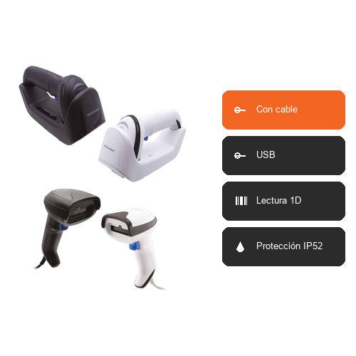Características del lector de códigos de barras Datalogic GM4200 GM4200-BK-433K1: Con cable, USB, Lectura 1D, Protección IP52