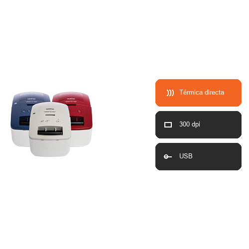 Características de la impresora de etiquetas Brother QL-600 QL600BXX1: Térmica directa, 300 dpi, USB
