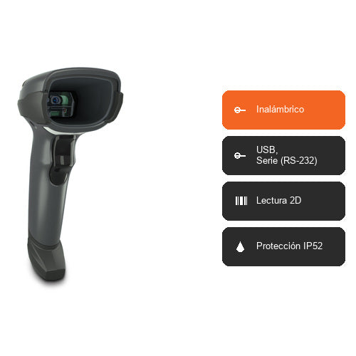 Características del lector de códigos de barras Zebra DS4608 negro DS4608-DPE0007VZRW: Inalámbrico, USB, Serie (RS-232), Lectura 2D, Protección IP52