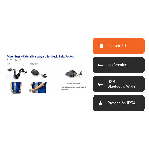 Características del lector de códigos de barras Datalogic HS7600RT HS7600RT: Lectura 2D, Inalámbrico, USB, Bluetooth, Wi-Fi, Protección IP54