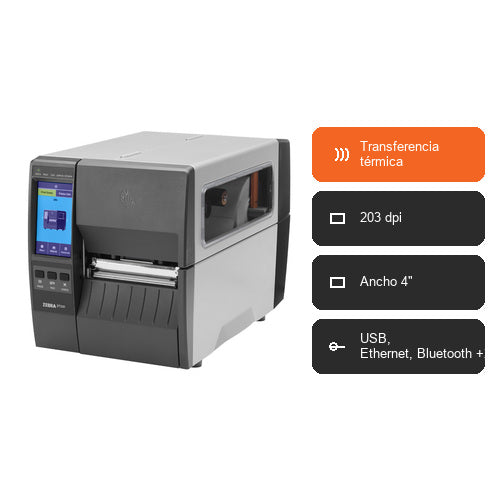 Características de la impresora de etiquetas Zebra ZT231 ZT23142-T0E00CFZ: Transferencia térmica, 203 dpi, Ancho 4", USB, Ethernet, Bluetooth +2