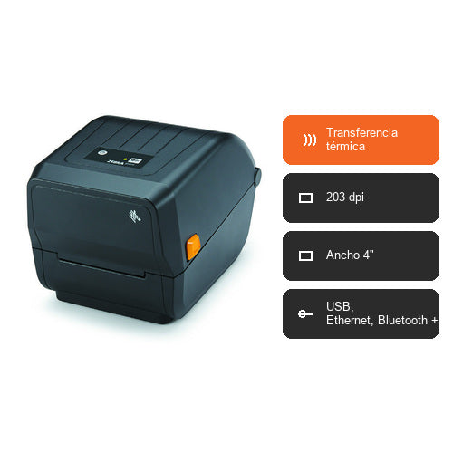 Características de la impresora de etiquetas Zebra ZD230 ZD23042-30EG00EZ: Transferencia térmica, 203 dpi, Ancho 4", USB, Ethernet, Bluetooth +1