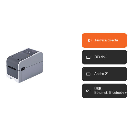 Características de la impresora de etiquetas Brother TD-2310D TD2310D203Z1: Térmica directa, 203 dpi, Ancho 2", USB, Ethernet, Bluetooth +2
