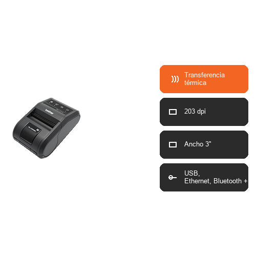 Características de la impresora de etiquetas Brother RJ-3050 RJ3050Z1: Transferencia térmica, 203 dpi, Ancho 3", USB, Ethernet, Bluetooth +1
