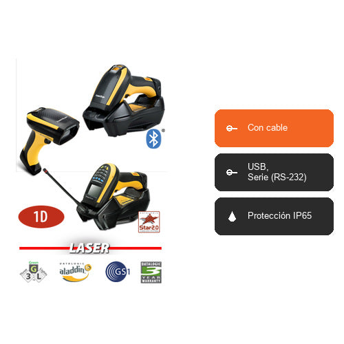 Características del lector de códigos de barras Datalogic PM9300 PM9300-D910RB: Con cable, USB, Serie (RS-232), Protección IP65