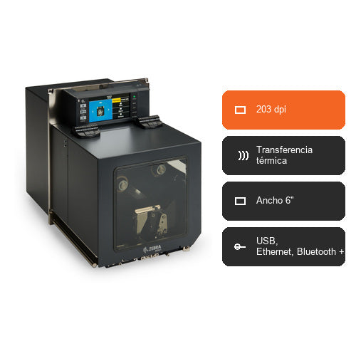 Características de la impresora de etiquetas Zebra ZE521 ZE52162-L0E0000Z: 203 dpi, Transferencia térmica, Ancho 6", USB, Ethernet, Bluetooth +3
