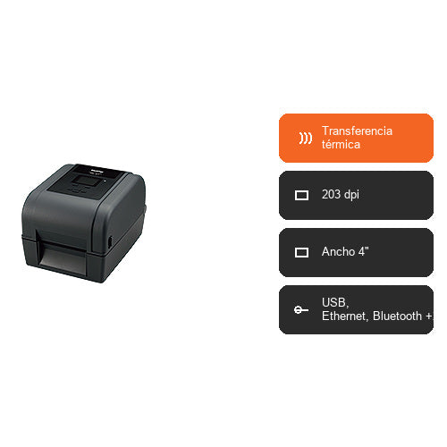 Características del equipo rfid Brother TD-4650 TD4650TNWBZ1: Transferencia térmica, 203 dpi, Ancho 4", USB, Ethernet, Bluetooth +2