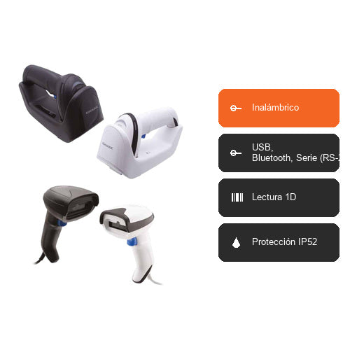 Características del lector de códigos de barras Datalogic GM4200 GM4200-WH-910-WLC: Inalámbrico, USB, Bluetooth, Serie (RS-232), Lectura 1D, Protección IP52