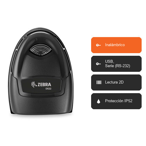 Características del lector de códigos de barras Zebra DS2208 negro DS2208-SR7U2100SGW: Inalámbrico, USB, Serie (RS-232), Lectura 2D, Protección IP52