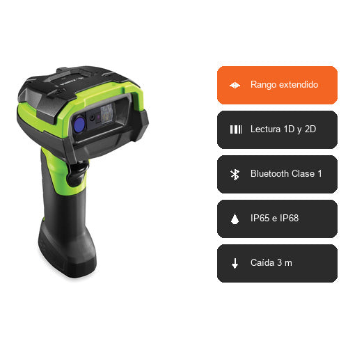 Características del lector Zebra DS3678-XR DS3678-XR3U42A2SVW: rango extendido, lectura 1D y 2D, Bluetooth Clase 1, IP65 e IP68 y resistencia a caídas de 3 m