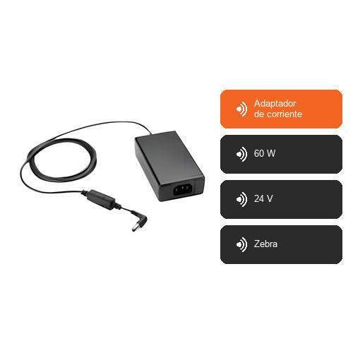 Características de Zebra Adaptador de corriente 105934-053: Adaptador de corriente, 60 W, 24 V, Zebra