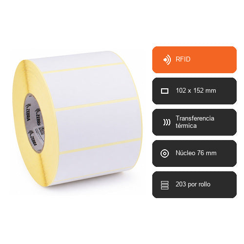 Características de la etiqueta Zebra Z-Select 2000T ZIPRD3017411: RFID, 102 x 152 mm, transferencia térmica, núcleo de 76 mm y 203 por rollo