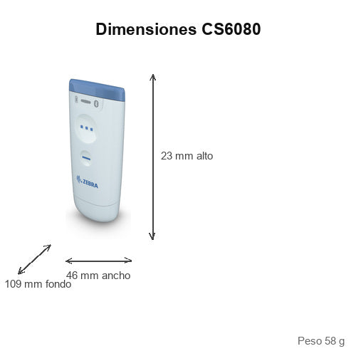 Dimensiones del lector de códigos de barras Zebra CS6080 CS6080-SR40000TZVW: 23 mm de alto, 46 mm de ancho, 109 mm de fondo, peso 58 g