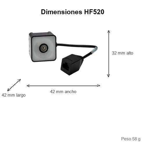 Dimensiones del lector de códigos de barras Honeywell HF520 HF520-R1-0USB: 42 mm de largo, 42 mm de ancho, 32 mm de alto, peso 58 g