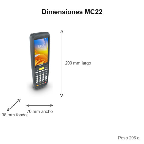 Dimensiones del terminal de mano Zebra MC22 KT-MC220J-2A3S2RU: 200 mm de largo, 70 mm de ancho, 38 mm de fondo, peso 296 g