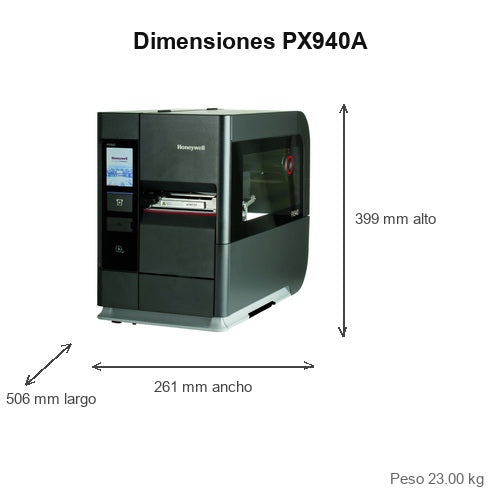 Dimensiones de la impresora de etiquetas Honeywell PX940A PX940A00100061200: 506 mm de largo, 399 mm de alto, 261 mm de ancho, peso 23.00 kg