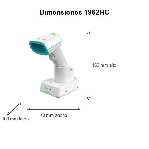 Dimensiones del lector de códigos de barras Honeywell 1962HC 1962HSR-5USB-5-R: 108 mm de largo, 70 mm de ancho, 160 mm de alto