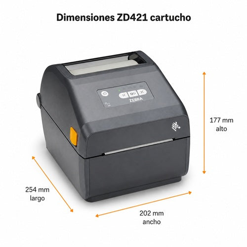 Medidas de la Zebra ZD421 con cartucho ZD4A042-C0EX02EZ: 254 x 202 x 177 mm