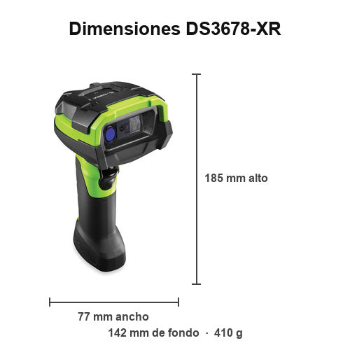 Medidas del Zebra DS3678-XR DS3678-XR3U42A2SVW: 185 x 77 x 142 mm y 410 g