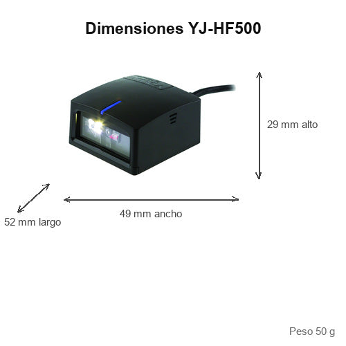 Dimensiones del lector de códigos de barras Honeywell YJ-HF500 YJ-HF500-R1: 52 mm de largo, 49 mm de ancho, 29 mm de alto, peso 50 g