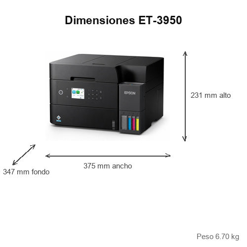 Dimensiones de la impresora de etiquetas Epson ET-3950 C11CL43402: 375 mm de ancho, 347 mm de fondo, 231 mm de alto, peso 6.70 kg