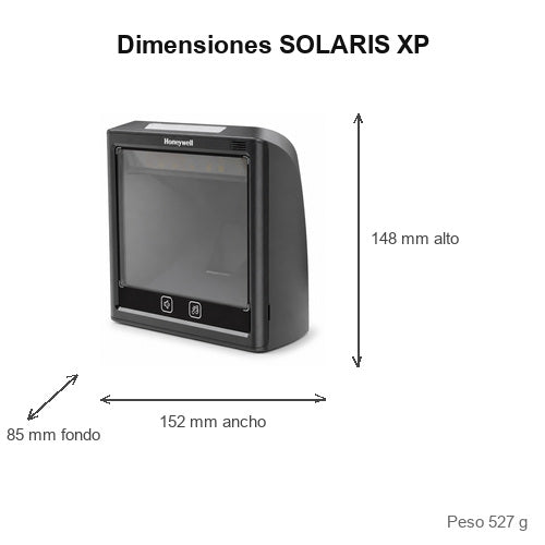 Dimensiones del lector de códigos de barras Honeywell SOLARIS XP 7990GEL-2-1: 148 mm de alto, 152 mm de ancho, 85 mm de fondo, peso 527 g