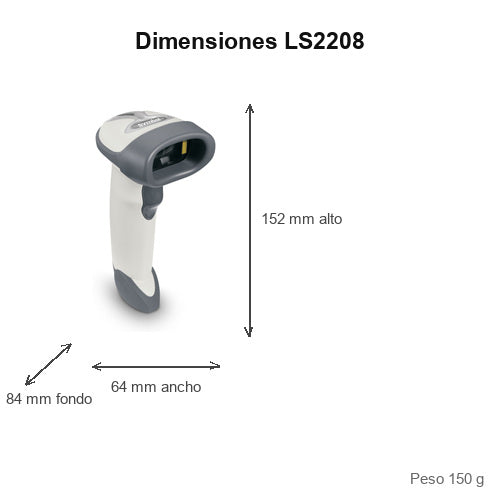 Dimensiones del lector de códigos de barras Zebra LS2208 blanco LS2208-SR20001R: 152 mm de alto, 64 mm de ancho, 84 mm de fondo, peso 150 g