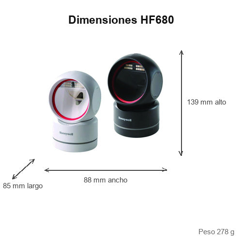 Dimensiones del lector de códigos de barras Honeywell HF680 negro HF680-R1-2USB: 85 mm de largo, 88 mm de ancho, 139 mm de alto, peso 278 g