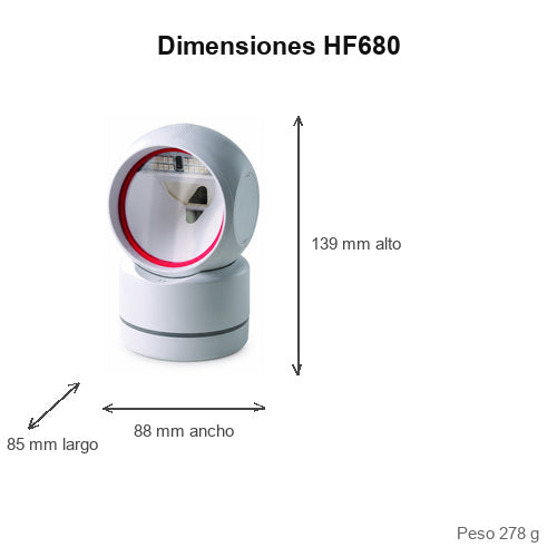 Dimensiones del lector de códigos de barras Honeywell HF680 HF680-R0-1RS232-UK: 85 mm de largo, 88 mm de ancho, 139 mm de alto, peso 278 g