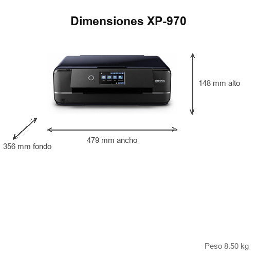 Dimensiones de la impresora de etiquetas Epson XP-970 C11CH45402: 479 mm de ancho, 356 mm de fondo, 148 mm de alto, peso 8.50 kg