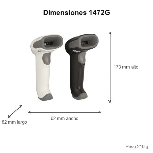 Dimensiones del lector de códigos de barras Honeywell 1472G 1472G2D-2-R: 82 mm de largo, 62 mm de ancho, 173 mm de alto, peso 210 g