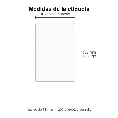 Medidas de la etiqueta Zebra Z-Select 2000T ZIPRD3017411: 102 mm de ancho por 152 mm de largo y núcleo de 76 mm