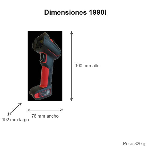 Dimensiones del lector de códigos de barras Honeywell 1990I 1990IXR-3-R: 192 mm de largo, 76 mm de ancho, 100 mm de alto, peso 320 g