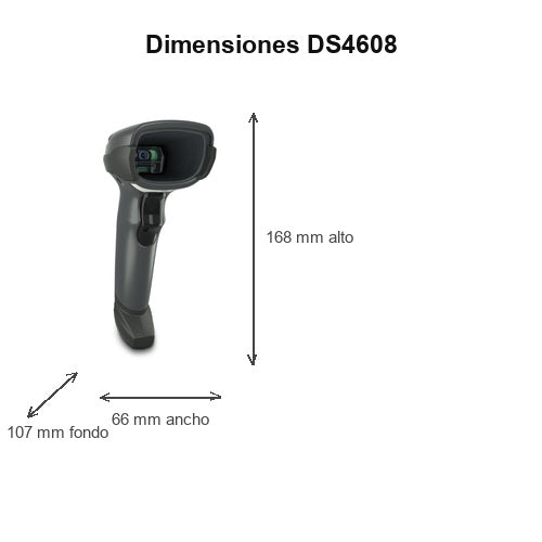 Dimensiones del lector de códigos de barras Zebra DS4608 negro DS4608-SR7U2100SGW: 168 mm de alto, 66 mm de ancho, 107 mm de fondo