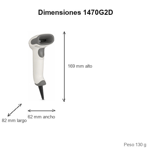 Dimensiones del lector de códigos de barras Honeywell 1470G2D 1470G2D-5USB-R: 82 mm de largo, 62 mm de ancho, 169 mm de alto, peso 130 g