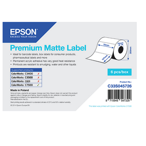 Epson Etiqueta multiusos - TROQUELADO MATE PREMIUM 76MMX127MM 960 LBLS - SKU:C33S045726