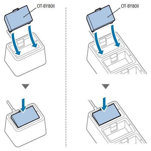 Ilustración de uso del OT‑SB80II cargando batería OT‑BY80II, SKU: C32C882381