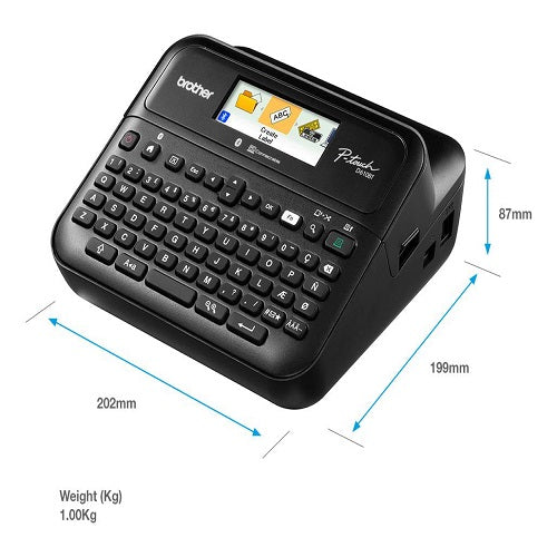 Detalle del teclado QWERTY y pantalla LCD a color de la Brother PT-D610BT