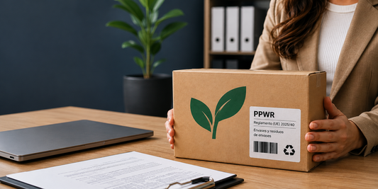 Caja de embalaje con etiqueta PPWR 2026 sobre nueva normativa europea de envases, residuos y etiquetado.