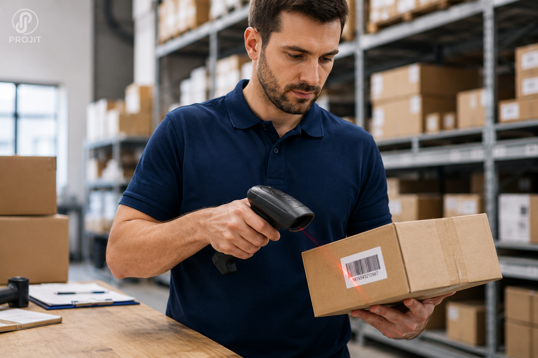 Empleado utilizando un escáner portátil para registrar productos en un almacén projit.es