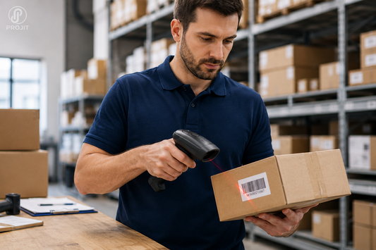 Empleado utilizando un escáner portátil para registrar productos en un almacén projit.es