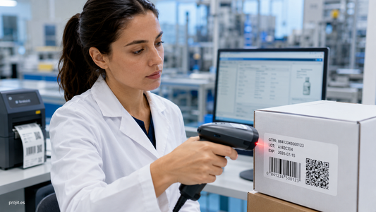 Técnica escaneando una etiqueta con código de barras y QR GS1 en una zona de control de calidad industrial, projit.es