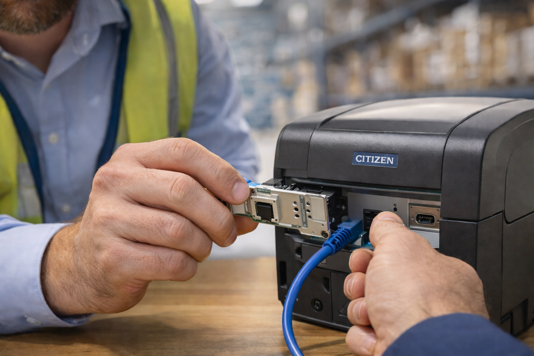 Conexión de impresora de etiquetas a red Ethernet mediante cable y switch para uso profesional en entornos logísticos e industriales projit.es
