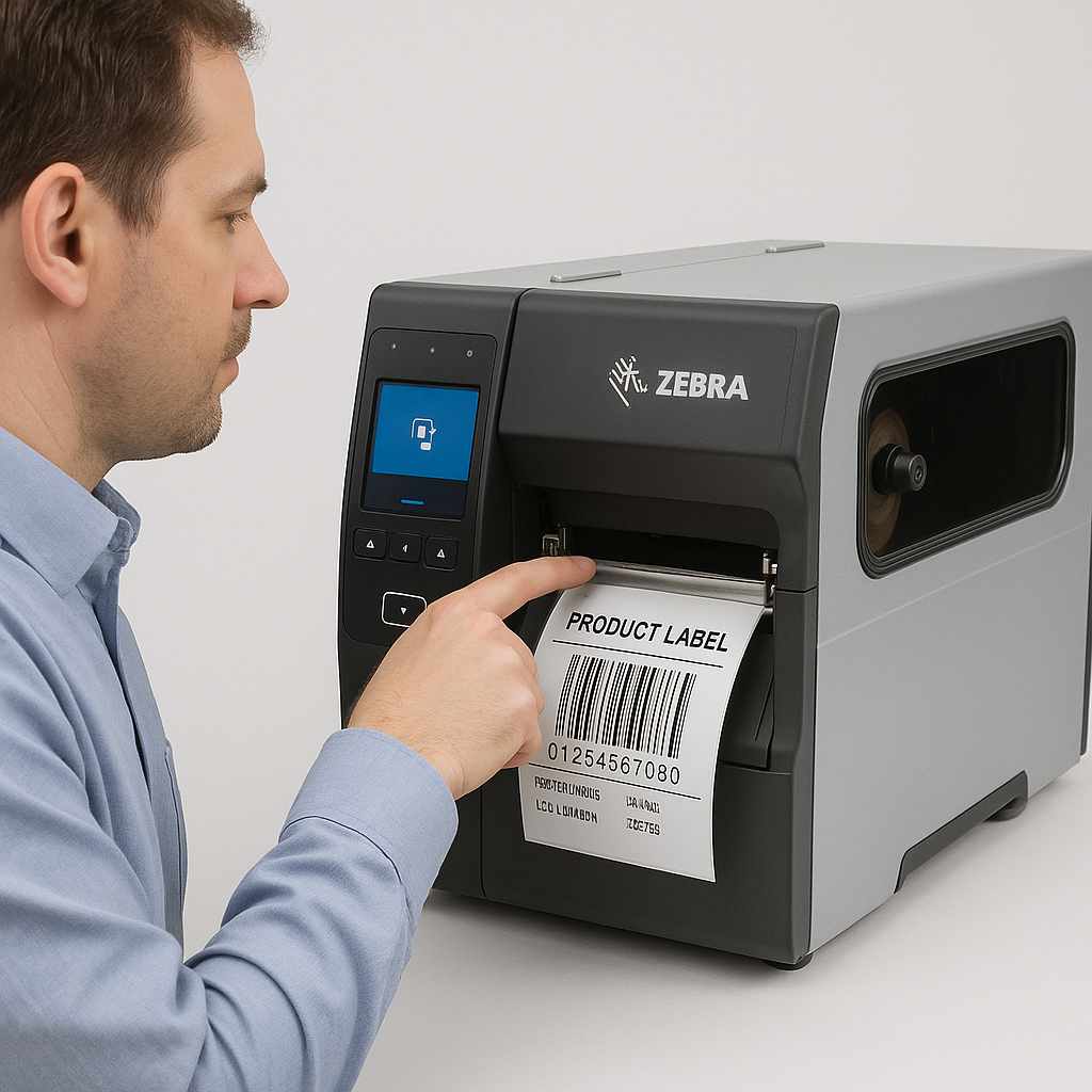 Persona utilizando impresora de etiquetas Zebra ZT231 industrial