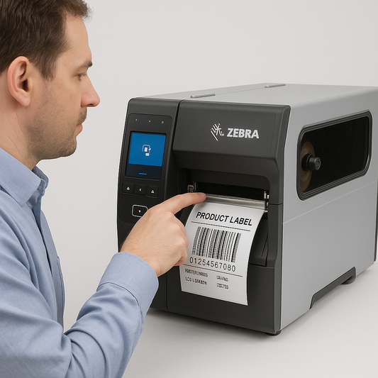 Persona utilizando impresora de etiquetas Zebra ZT231 industrial