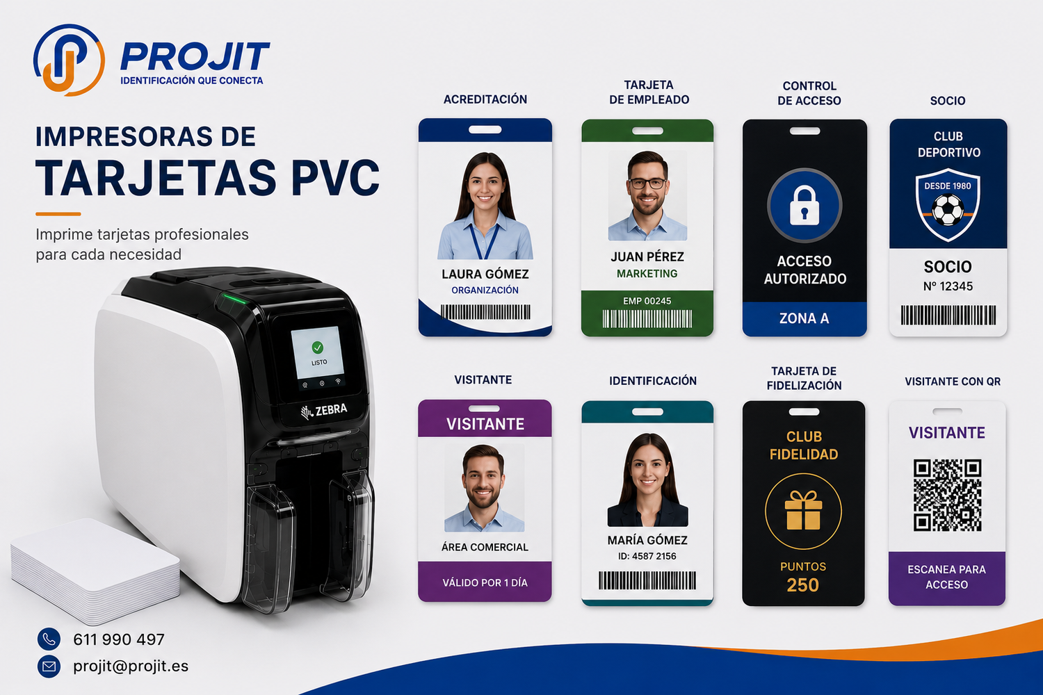 Impresora Zebra para tarjetas PVC con ejemplos de acreditaciones, tarjetas de empleado, socios y control de acceso projit.es
